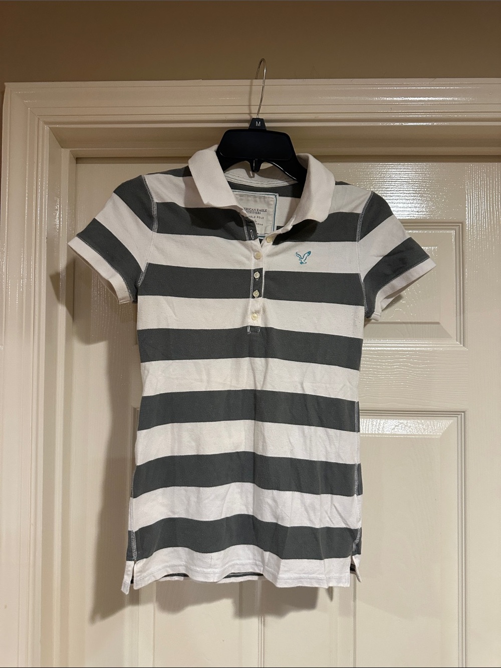 American Eagle Outfitters White & Gray Striped Girls Polo